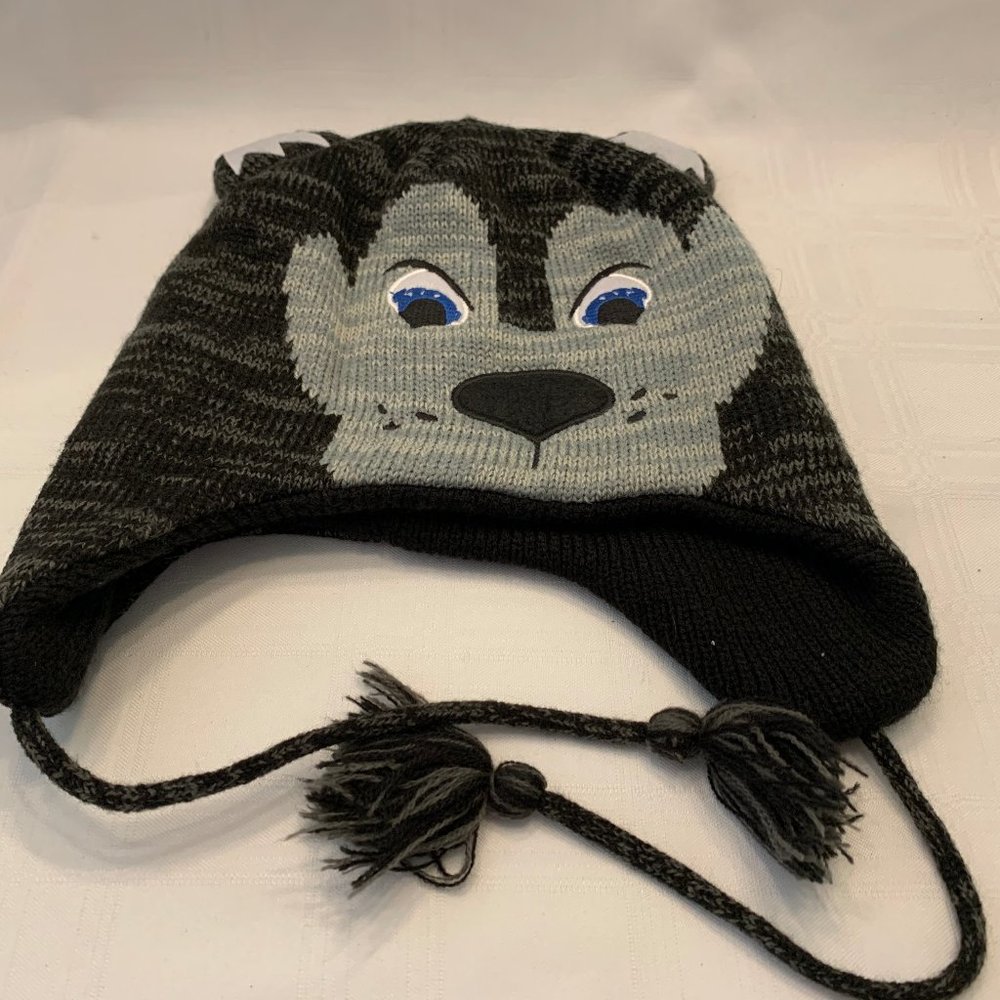 Bio Domes Headgear Black Gray Laplander Knit Wolf  Husky Tie Hat with Ears